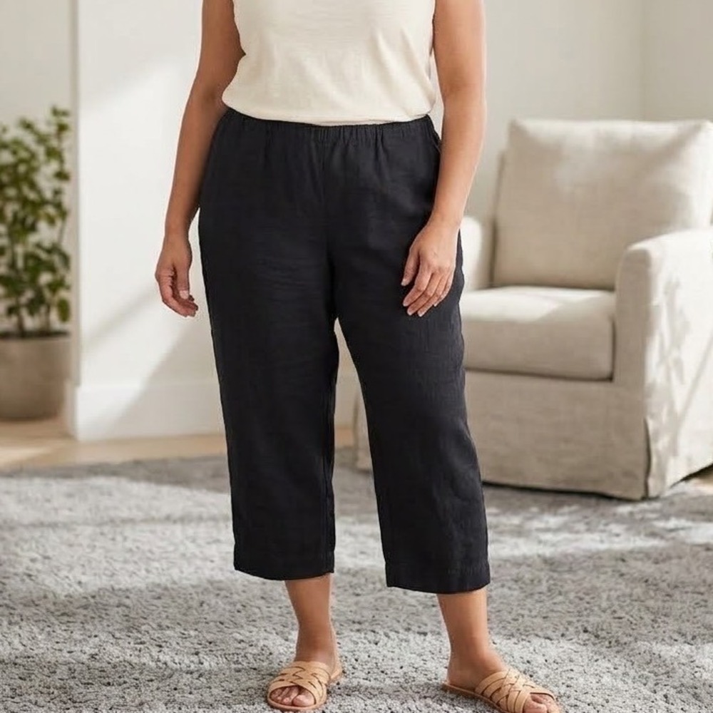 Pure Jill Linen Slim Crops Elastic Waist Black Cropped Pants Women XL